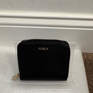 Furla Black Leather Small Zip Wallet with Gold Logo
